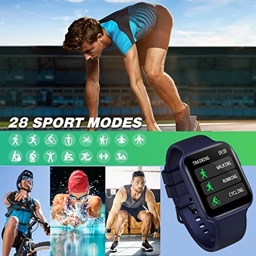 Sportieve man en smartwatch met verschillende sportmodi