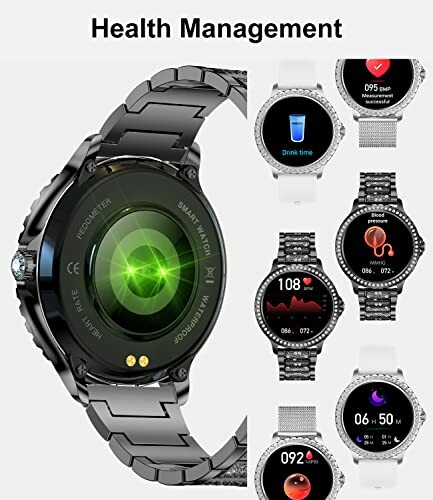 Smartwatch met gezondheidsfuncties en verschillende schermen.