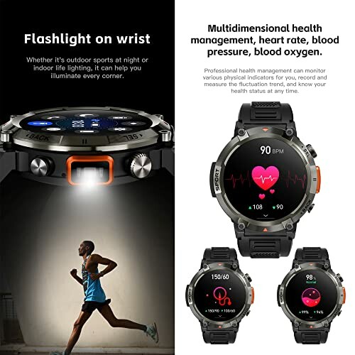 Smartwatch met gezondheidsfuncties en zaklamp