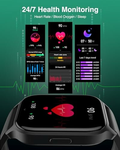 Smartwatch met gezondheidsmonitoringfuncties zoals hartslag, bloedzuurstof en slaap.