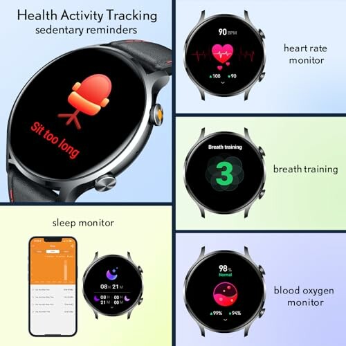 Smartwatch met gezondheidsfuncties zoals hartslagmonitor en slaapmonitor.