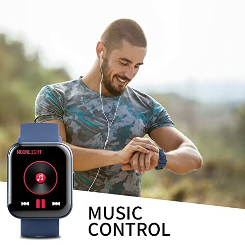 Man bedient smartwatch muziekfunctie