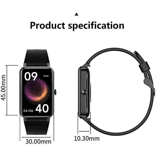 Afbeelding van een smartwatch met productafmetingen.