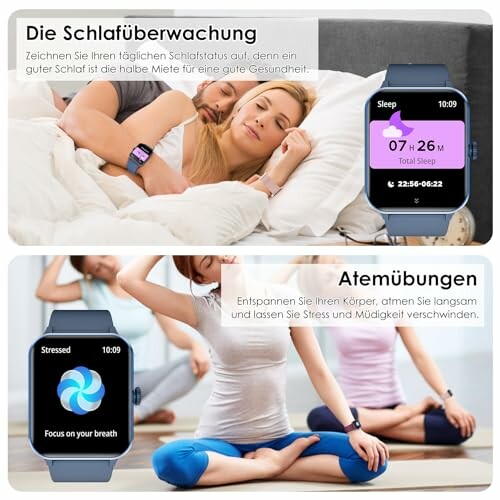 Vrouw in bed met smartwatch voor slaapmonitoring en mensen doen ademhalingsoefeningen.