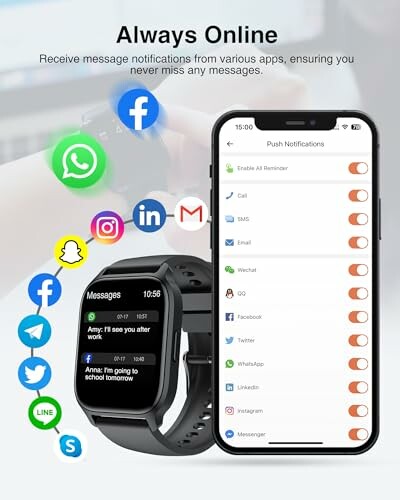 Smartwatch en smartphone met meldingen van sociale media-apps.