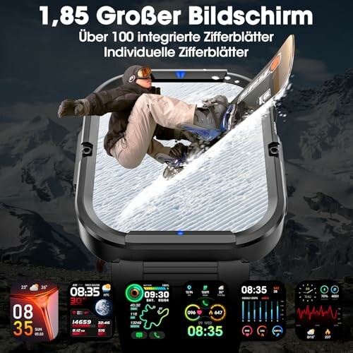 Snowboarder op smartwatch-scherm met wijzerplaatopties