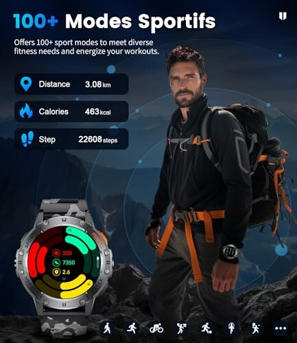 Man met smartwatch toont sportmodi en statistieken