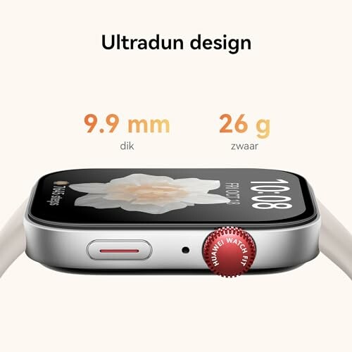 Zijaanzicht van een smartwatch met ultradun ontwerp, 9.9 mm dikte en 26 g gewicht.