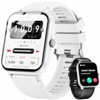 Witte en zwarte smartwatch met digitale display en oproepfunctie.