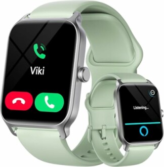 Groene smartwatch met oproep- en spraakassistent functies.