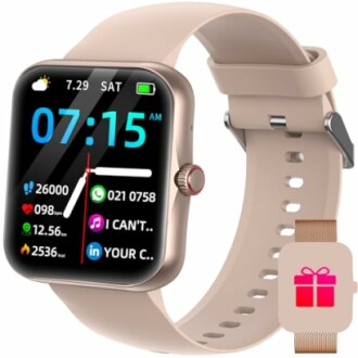 Smartwatch met roze bandje en digitale wijzerplaat