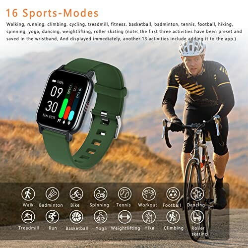 Smartwatch met 16 sportmodi en fietser op de achtergrond.