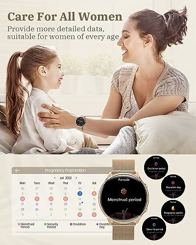 Vrouw en kind met smartwatch die gezondheidsinformatie toont