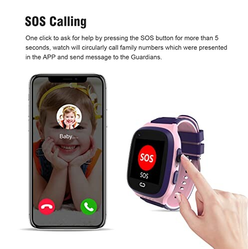 Kindersmartwatch met SOS-knop en smartphone.