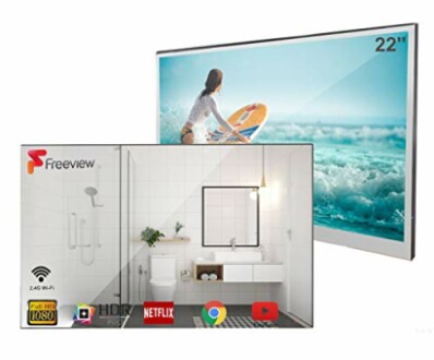 Waterdichte smart-tv met surffoto en badkamer.