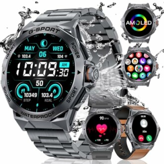 Waterdichte smartwatch met verschillende schermen en functies.